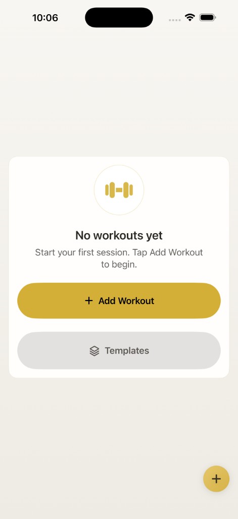 RepTrack empty workouts screen with Add Workout call to action