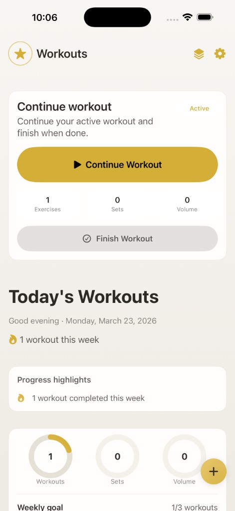 RepTrack workouts dashboard with continue workout and weekly progress