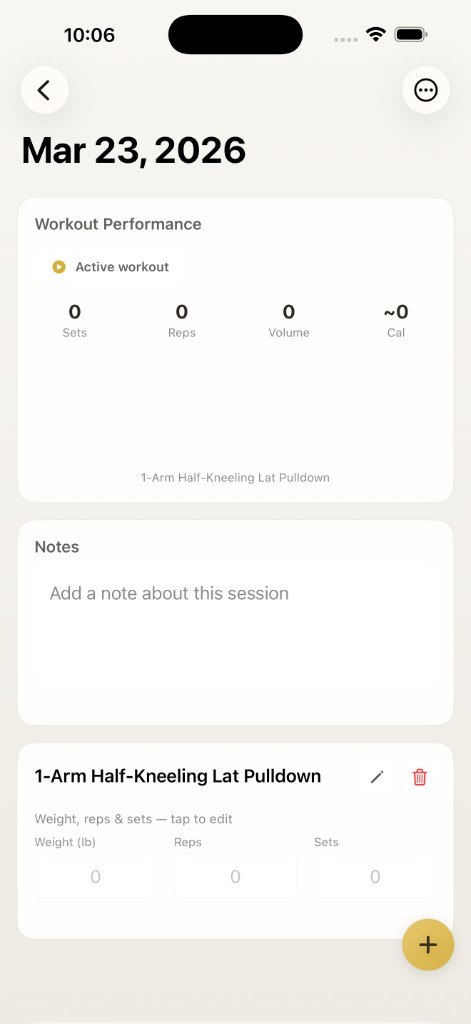 RepTrack active workout session with exercise and set inputs